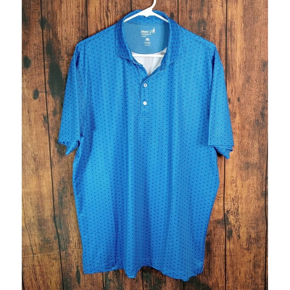 Johnnie-O Performance Polo Shirt Mens Large Blue Geometric Print UPF 50 Stretch